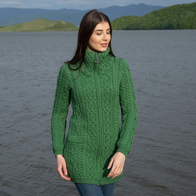 A20296 Ladies Irish Merino Aran Zip Cardigan in GREEN Colour Lifestyle Gaelsong 