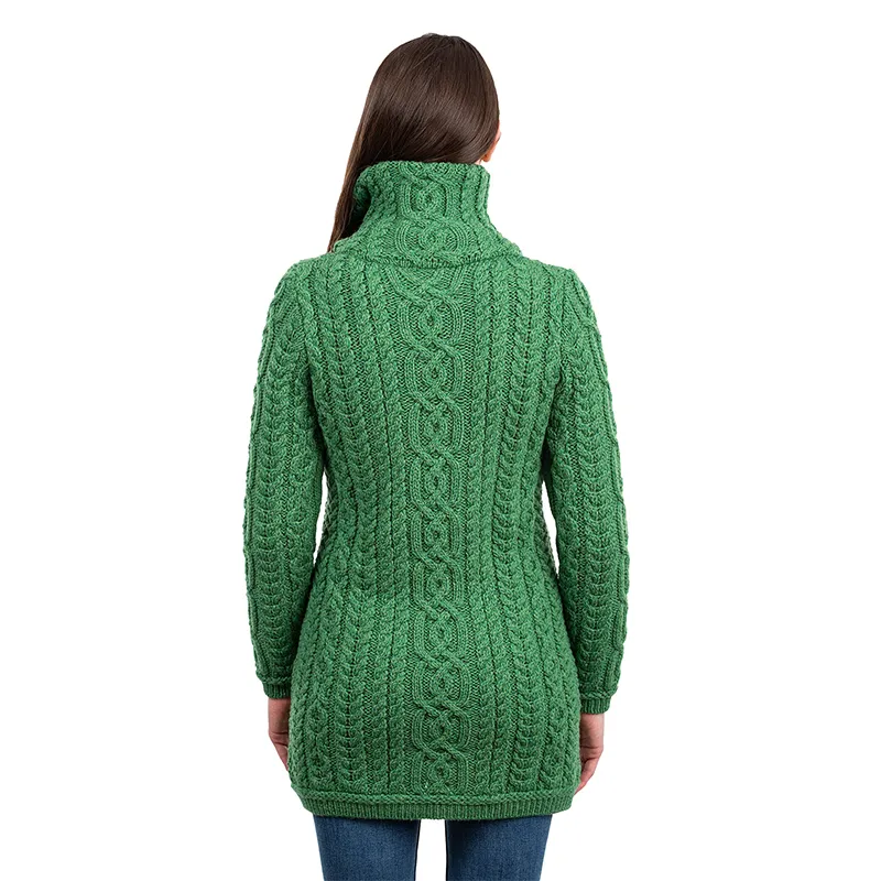 A20296 Ladies Irish Merino Aran Zip Cardigan in GREEN Colour Studio Back Side View Gaelsong 