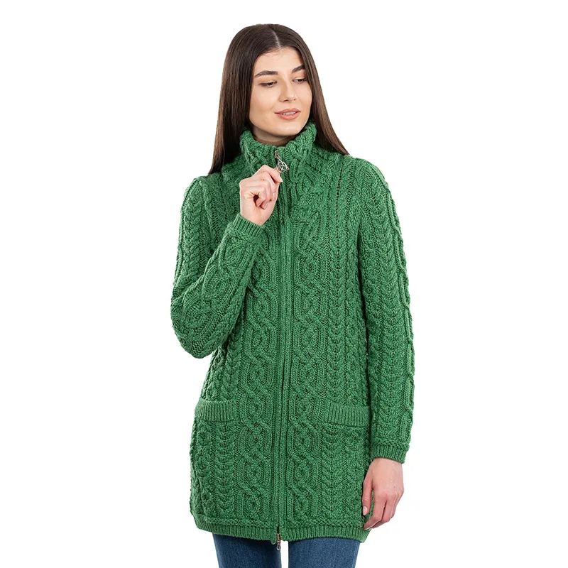 A20296 Ladies Irish Merino Aran Zip Cardigan in GREEN Colour Studio Gaelsong 
