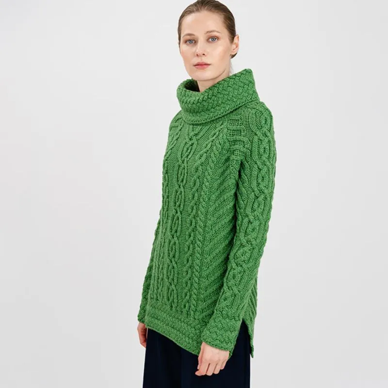 A20297 Funnel Neck Cable Knit Irish Sweater in GREEN Colour Gaelsong 