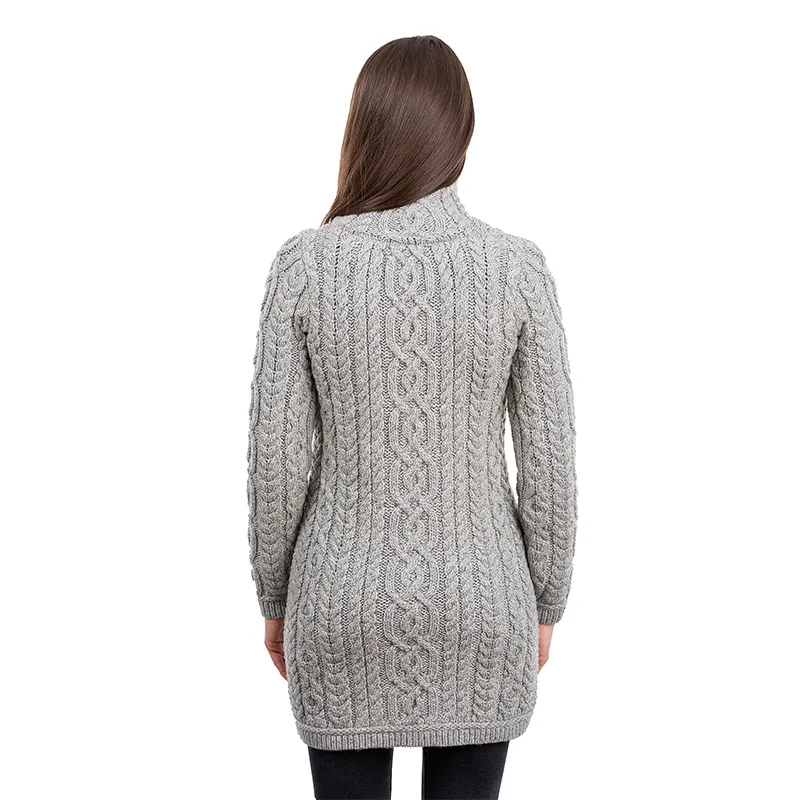 A20296 Ladies Irish Merino Aran Zip Cardigan in GREY Colour Studio Back Side View Gaelsong 
