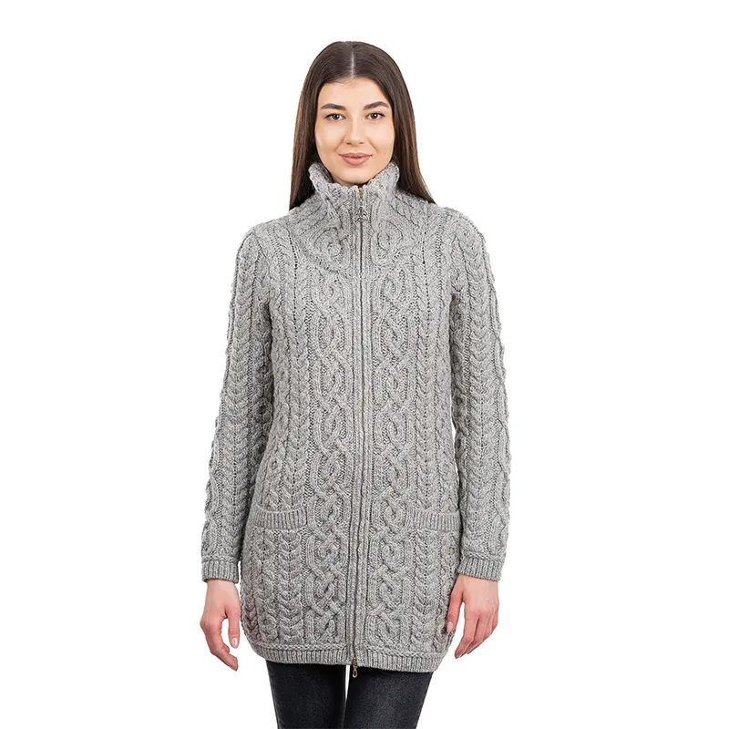 A20296 Ladies Irish Merino Aran Zip Cardigan in GREY Colour Studio Gaelsong 