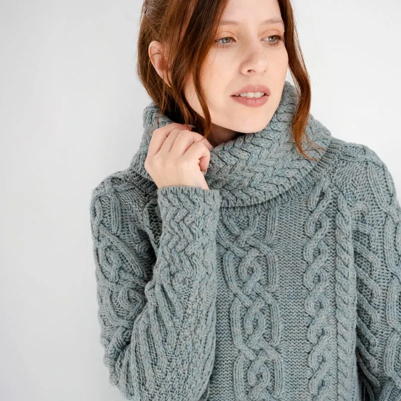 A20297 Funnel Neck Cable Knit Irish Sweater Misty Blue Gaelsong
