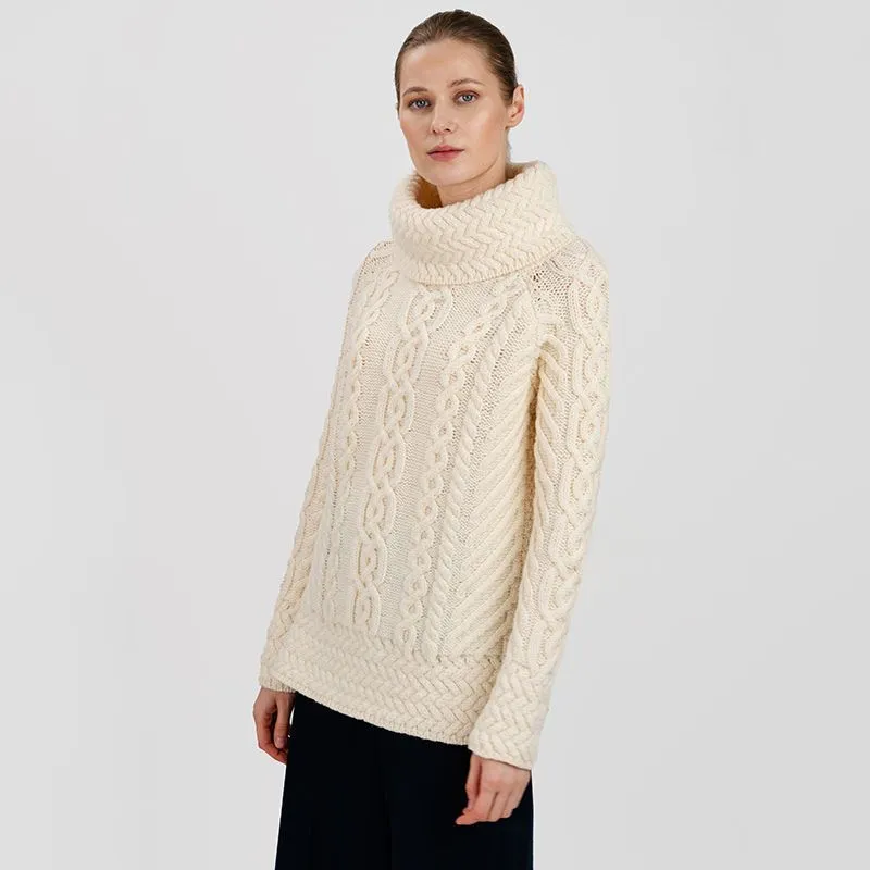 A20297 Funnel Neck Cable Knit Irish Sweater in Natural Gaelsong 