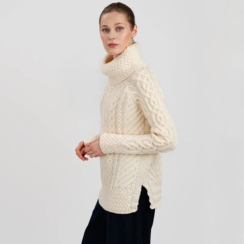 A20297 Funnel Neck Cable Knit Irish Sweater in Natural Gaelsong 