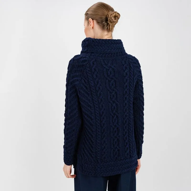 A20297 Funnel Neck Cable Knit Irish Sweater in Navy Gaelsong 