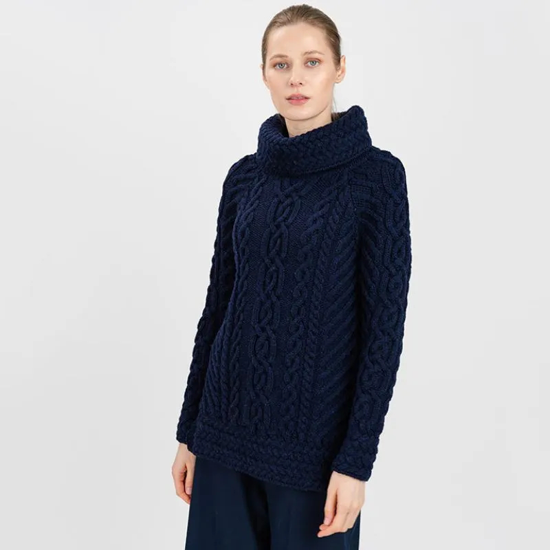 A20297 Funnel Neck Cable Knit Irish Sweater in Navy Gaelsong 