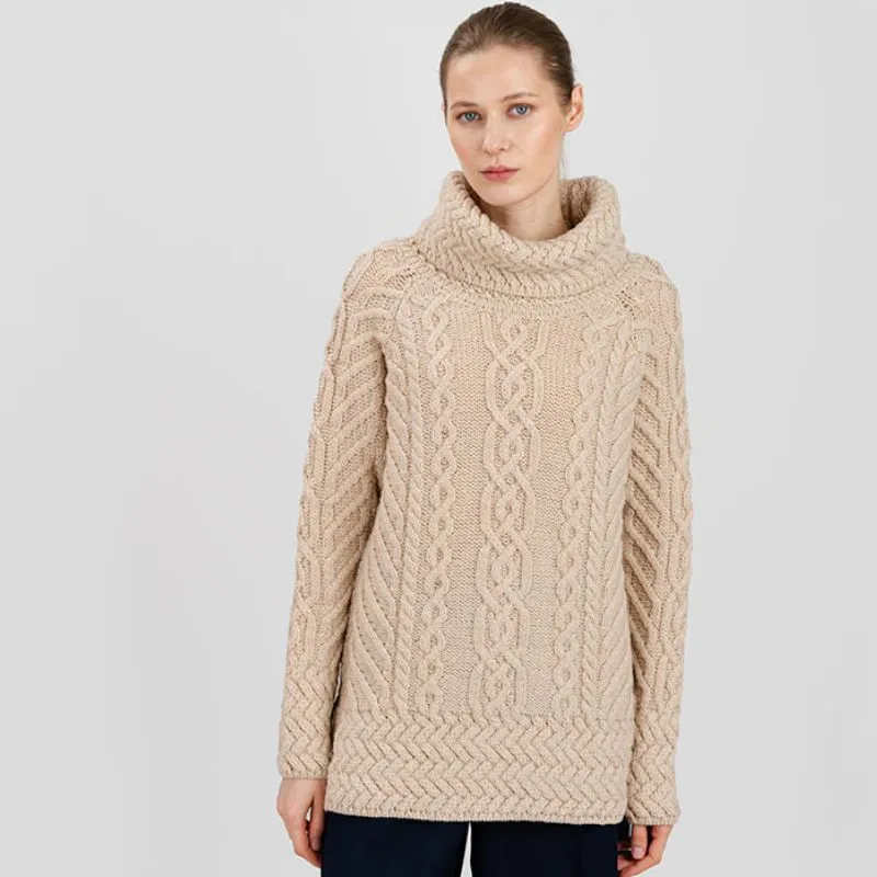 A20297 Funnel Neck Cable Knit Irish Sweater in PARSNIP Colour Studio Gaelsong 