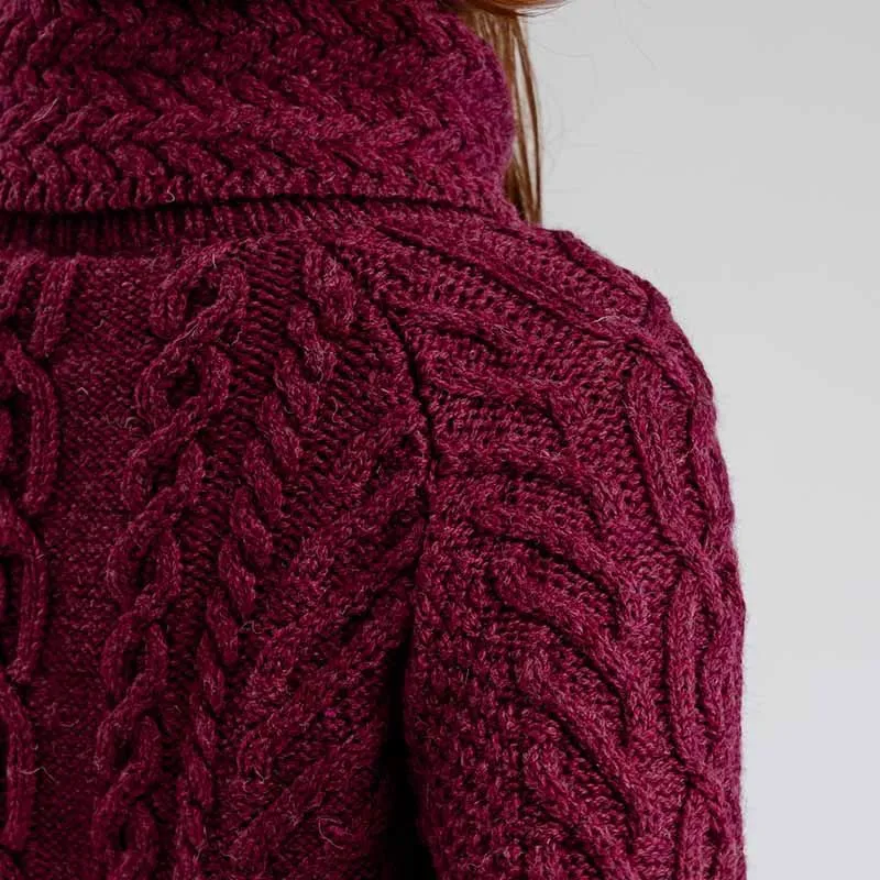 A20297 Funnel Neck Cable Knit Irish Sweater Wine color Gaelsong