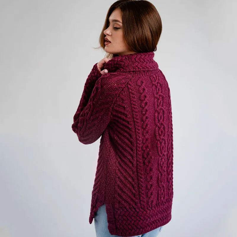 A20297 Funnel Neck Cable Knit Irish Sweater Wine Back View Gaelsong