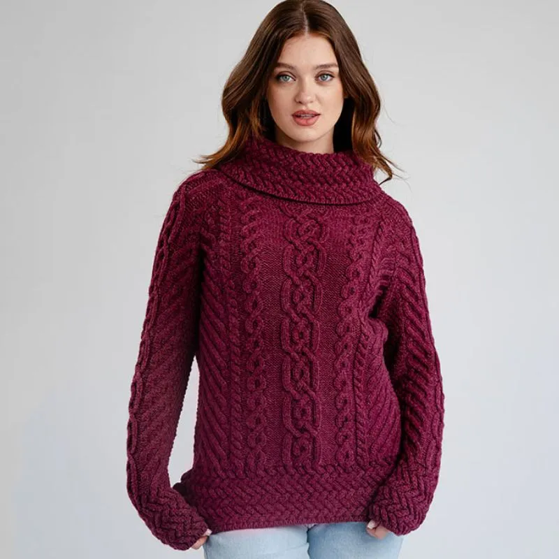 A20297 Funnel Neck Cable Knit Irish Sweater Wine color Gaelsong