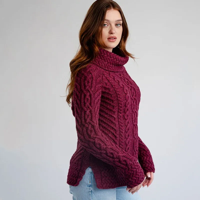 A20297 Funnel Neck Cable Knit Irish Sweater Wine Side view Gaelsong
