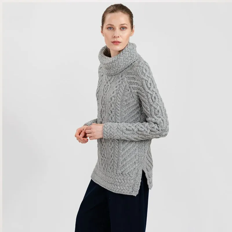 A20297 Funnel Neck Cable Knit Irish Sweater in GREY Colour Gaelsong 