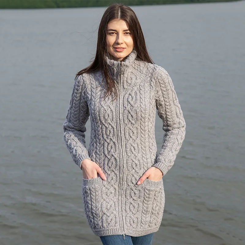 Ladies High Neck Merino Aran Zip Cardigan
