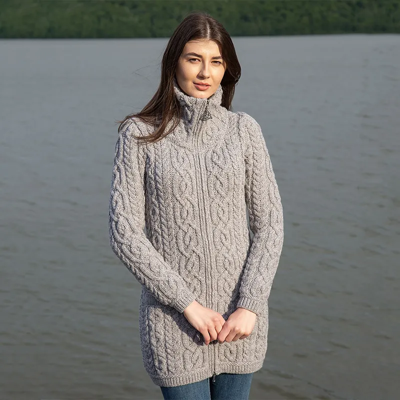 A20296 GREY Colour Ladies Irish Merino Aran Zip Cardigan Lifestyle Gaelsong 