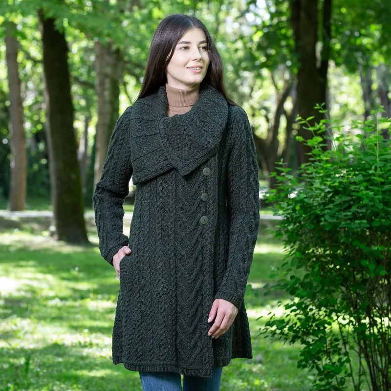 A20298 Merino Large Collar Aran Coat in ARMY GREEN Colour Gaelsong 