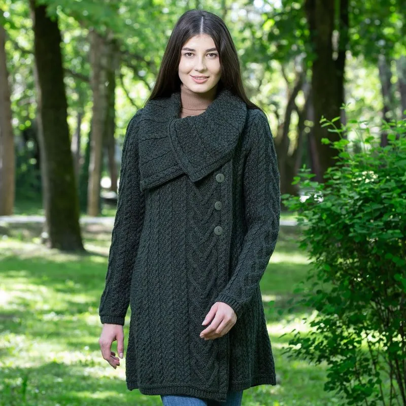 A20298 Merino Large Collar Aran Coat in ARMY GREEN Colour Lifestyle Gaelsong 