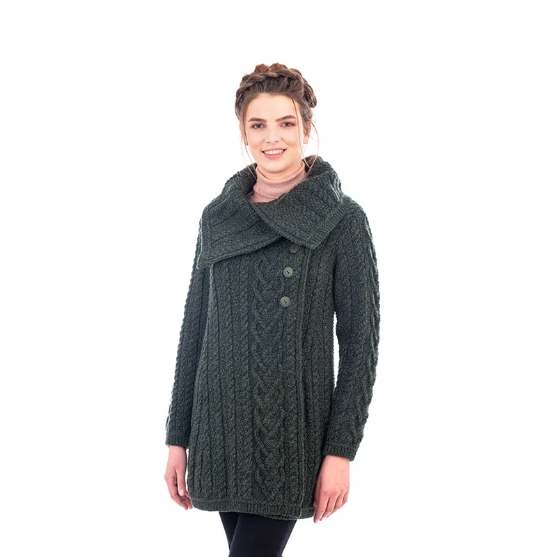 A20298 Merino Large Collar Aran Coat in ARMY GREEN Colour Studio Gaelsong 