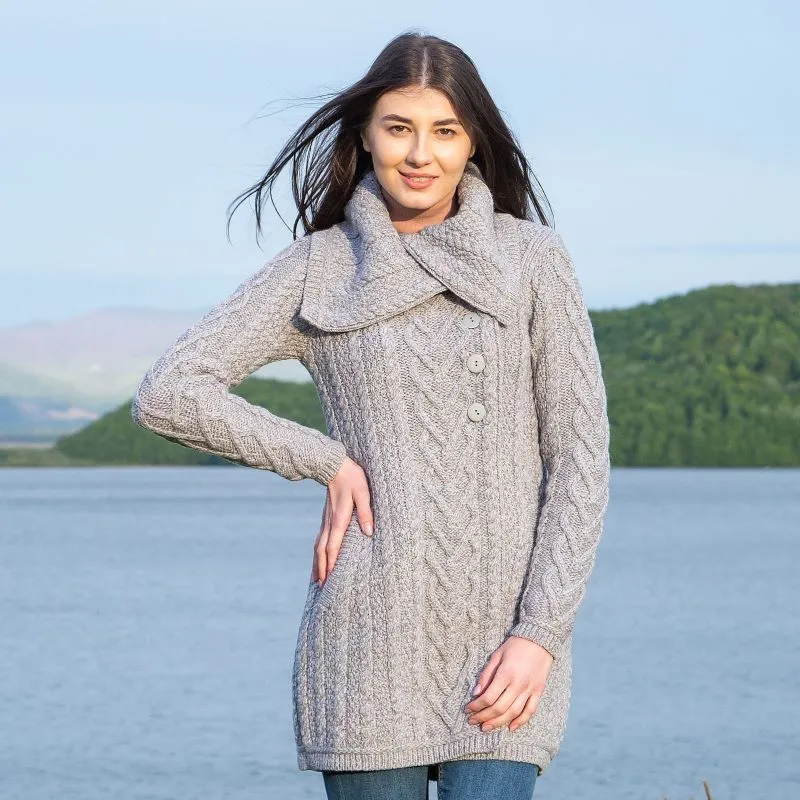 A20298 Merino Large Collar Aran Coat in GREY Colour Gaelsong 