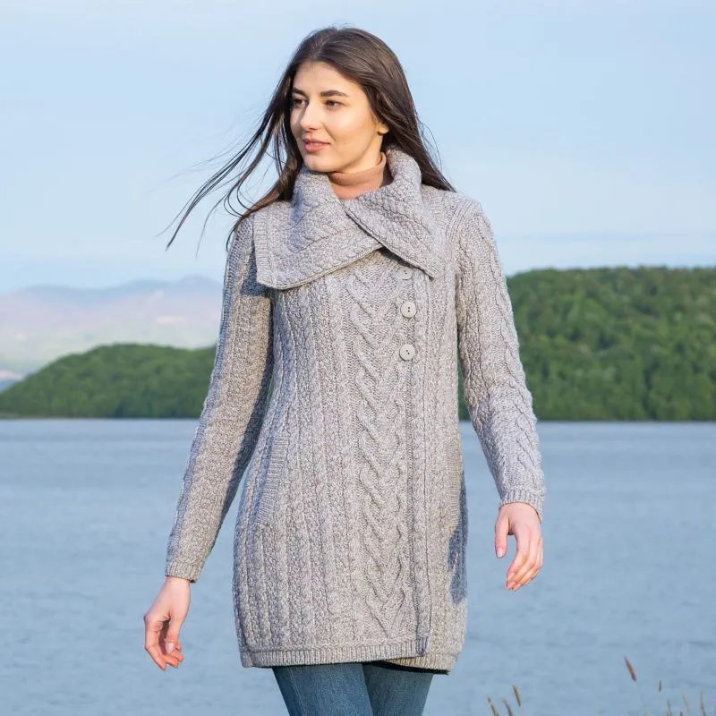 A20298 Merino Large Collar Aran Coat in GREY Colour Lifestyle Gaelsong 