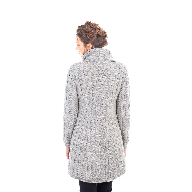 A20298 Merino Large Collar Aran Coat in GREY Colour Studio Back Side View  Gaelsong 