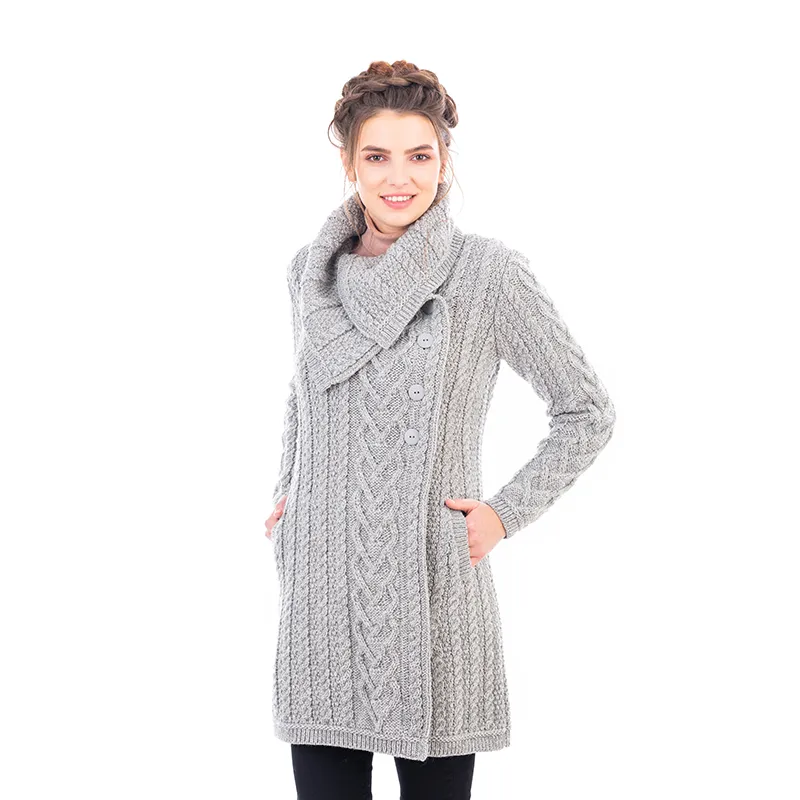 A20298 Merino Large Collar Aran Coat in GREY Colour Studio Gaelsong 