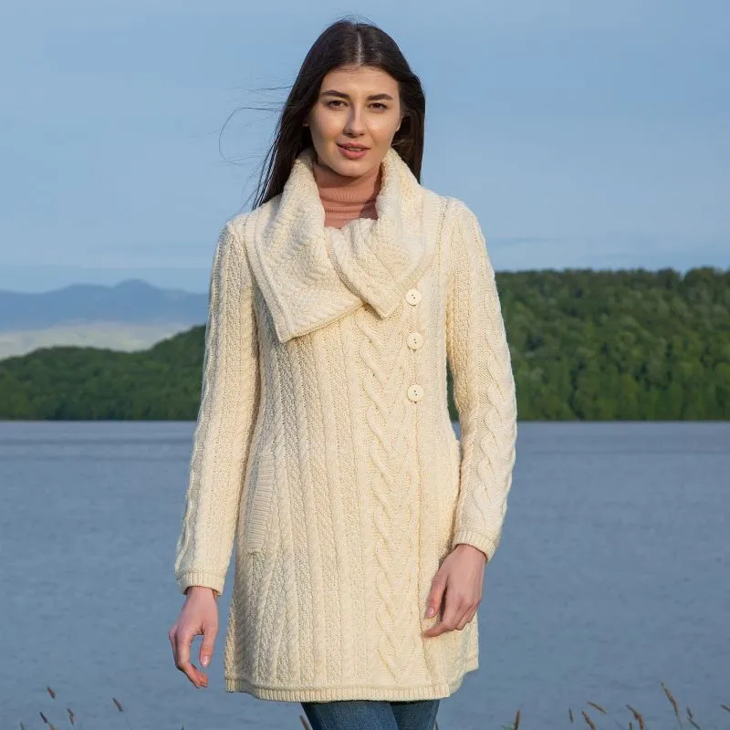 A20298 Merino Large Collar Aran Coat in NATURAL WHITE Colour Gaelsong 