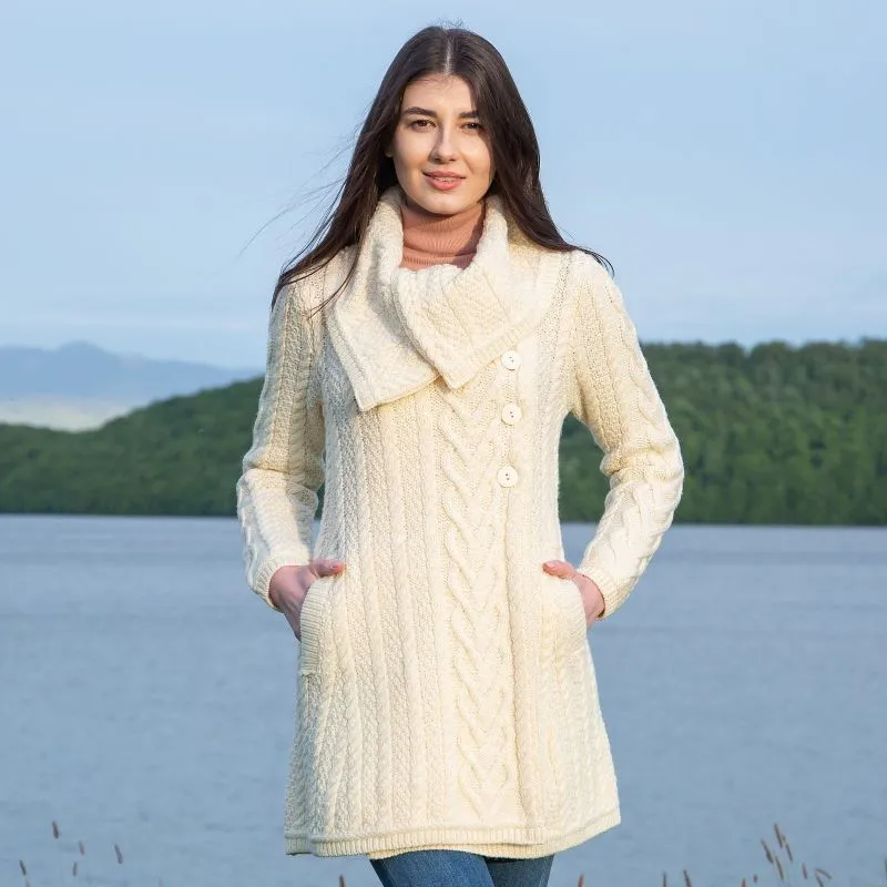 A20298 Merino Large Collar Aran Coat in NATURAL WHITE Colour Lifestyle Gaelsong 