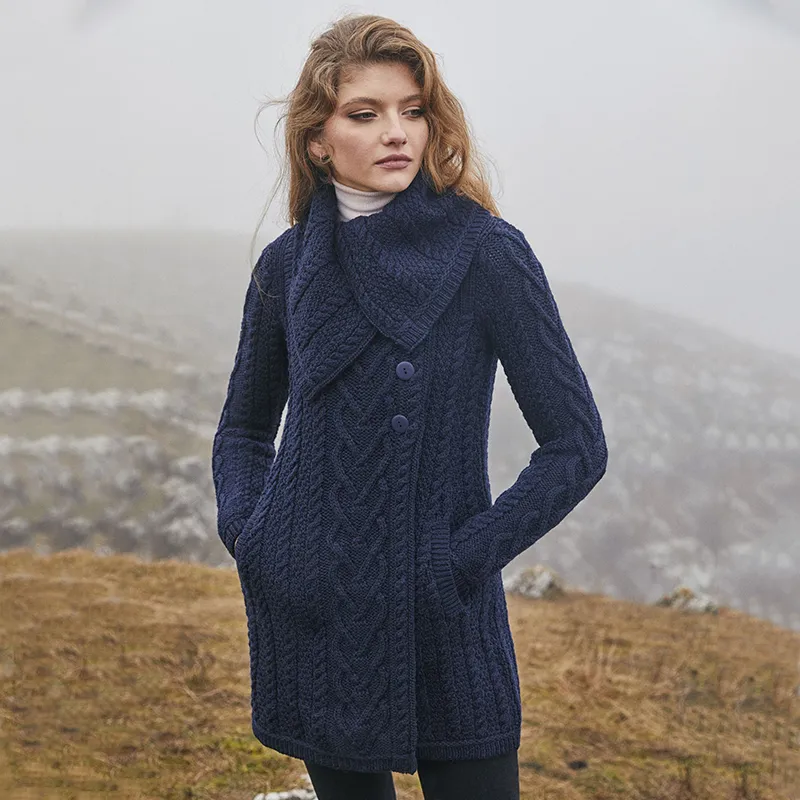 Merino Large Collar Aran Coat Cable Stitching Gaelsong