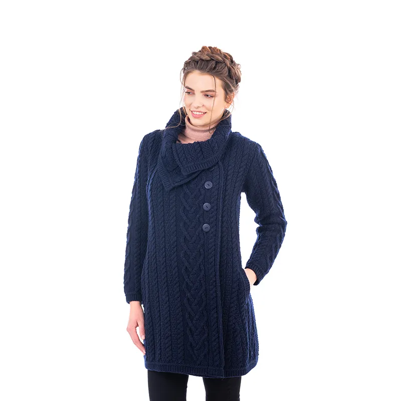 A20298 Merino Large Collar Aran Coat in NAVY BLUE Colour Studio Gaelsong 