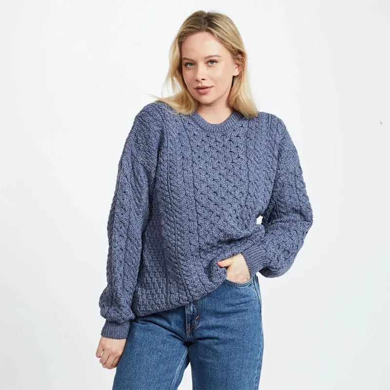 A20290 DENIM MARL Colour Merino Crew Neck Aran Sweater Lifestyle Gaelsong 