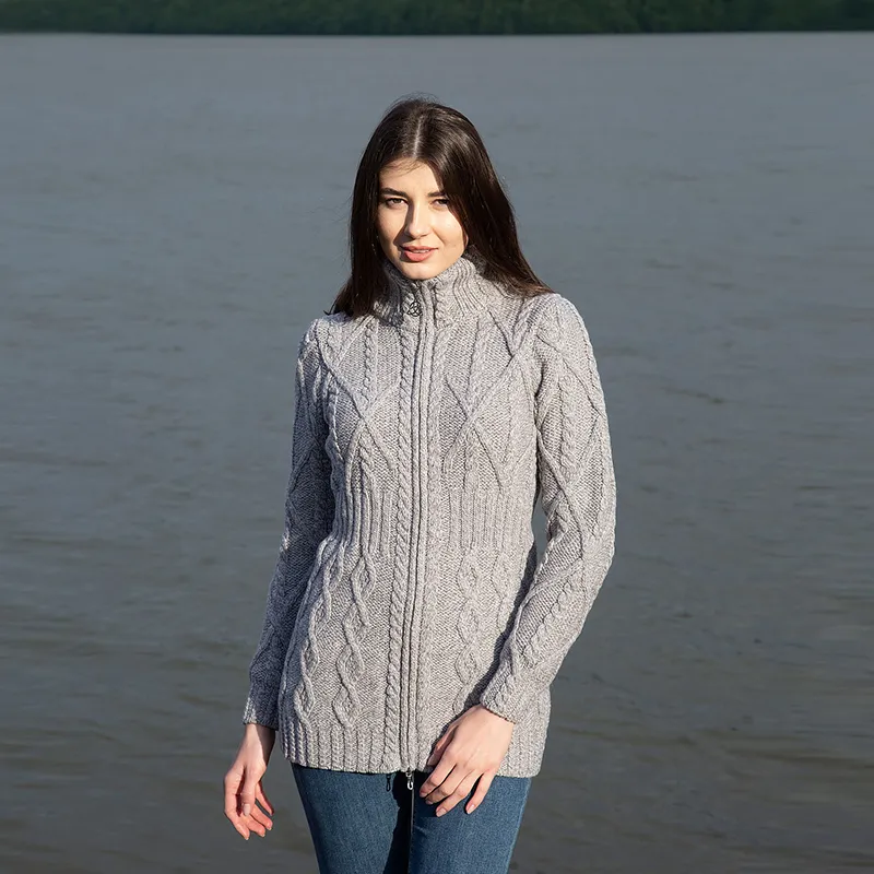 A20300 IrIsh Cable Knit Cardigan with Full Zipper in GREY Colour  Gaelsong 