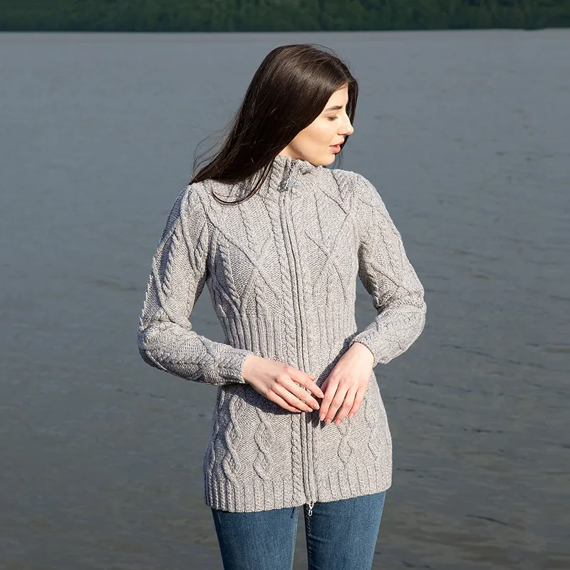 A20300 IrIsh Cable Knit Cardigan with Full Zipper in GREY Colour Lifestyle Gaelsong 
