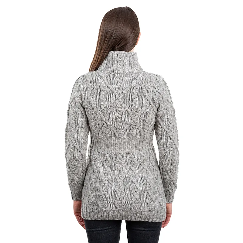 A20300 IrIsh Cable Knit Cardigan with Full Zipper in GREY Colour Studio Back Side View Gaelsong 