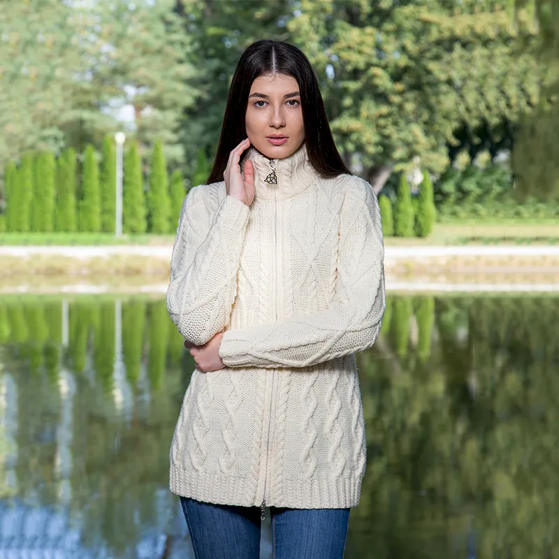 A20300 IrIsh Cable Knit Cardigan with Full Zipper in NATURAL WHITE Gaelsong 