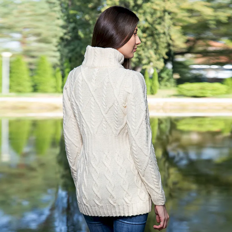 A20300 IrIsh Cable Knit Cardigan with Full Zipper in NATURAL WHITE Lifestyle Back Side View  Gaelsong 