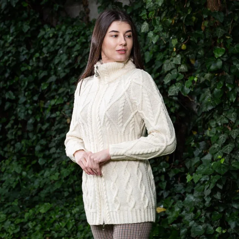 A20300 IrIsh Cable Knit Cardigan with Full Zipper in NATURAL WHITE Lifestyle Side View Gaelsong 