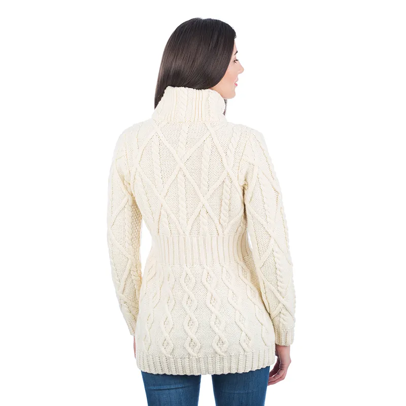 A20300 IrIsh Cable Knit Cardigan with Full Zipper in NATURAL WHITE Studio Back Side View Gaelsong 