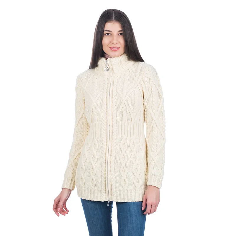 A20300 IrIsh Cable Knit Cardigan with Full Zipper in NATURAL WHITE Studio Gaelsong 