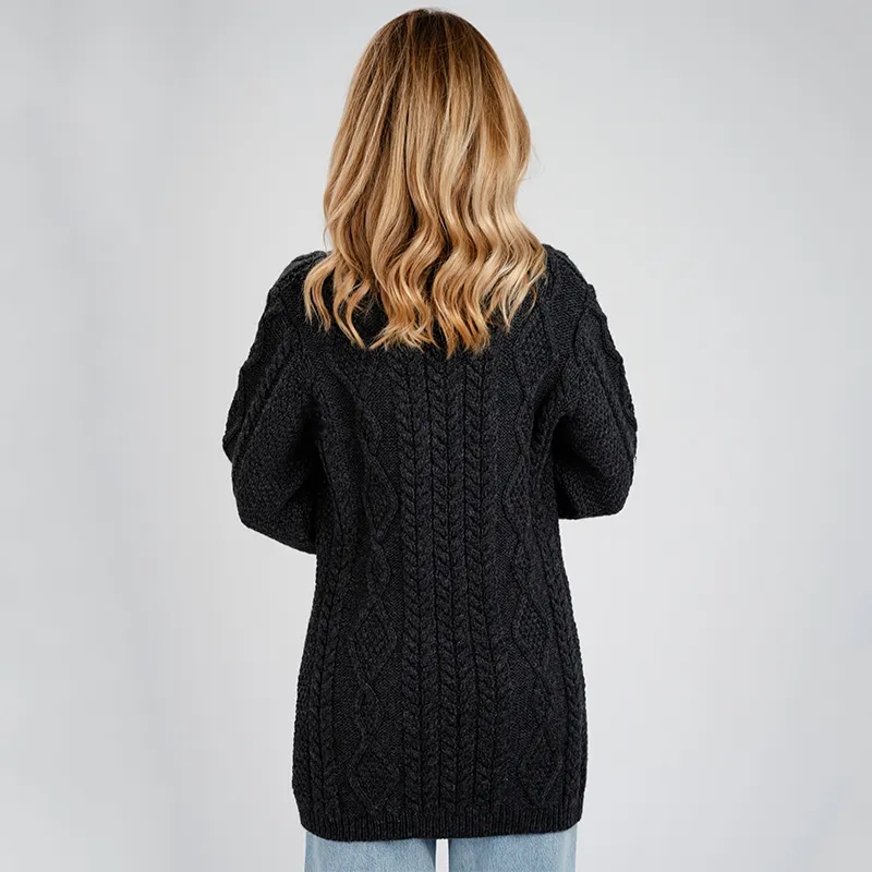 A20304 CHARCOAL Colour Women's Traditional Shawl Collar Aran Cardigan Back Side View Gaelsong