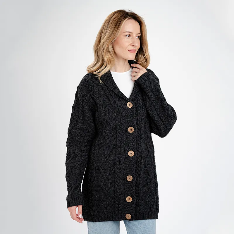 A20304 CHARCOAL Colour Women's Traditional Shawl Collar Aran Cardigan Side View Gaelsong