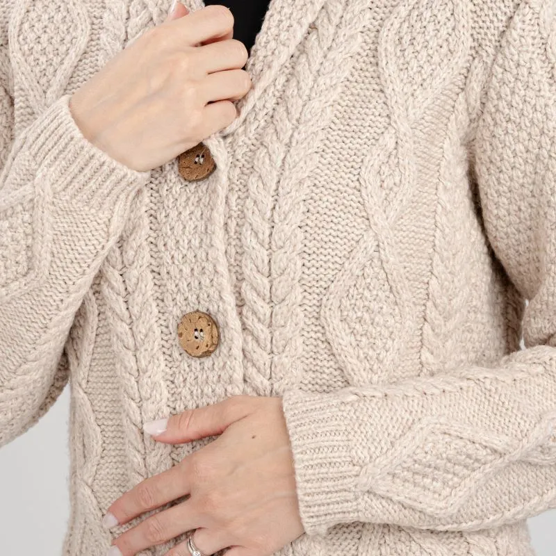 A20304 PARSNIP Colour Women's Traditional Shawl Collar Aran Cardigan  Closeup View Knit Gaelsong