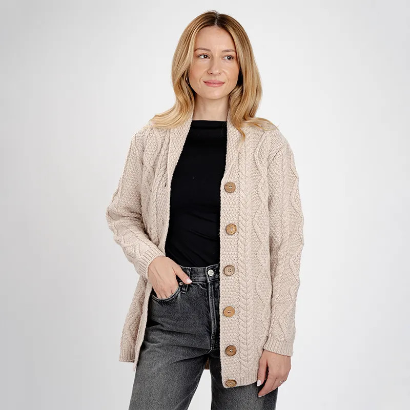 A20304 PARSNIP Colour Women's Traditional Shawl Collar Aran Cardigan Open Front View Gaelsong