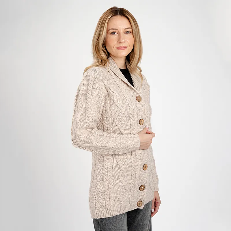 A20304 PARSNIP Colour Women's Traditional Shawl Collar Aran Cardigan  Gaelsong