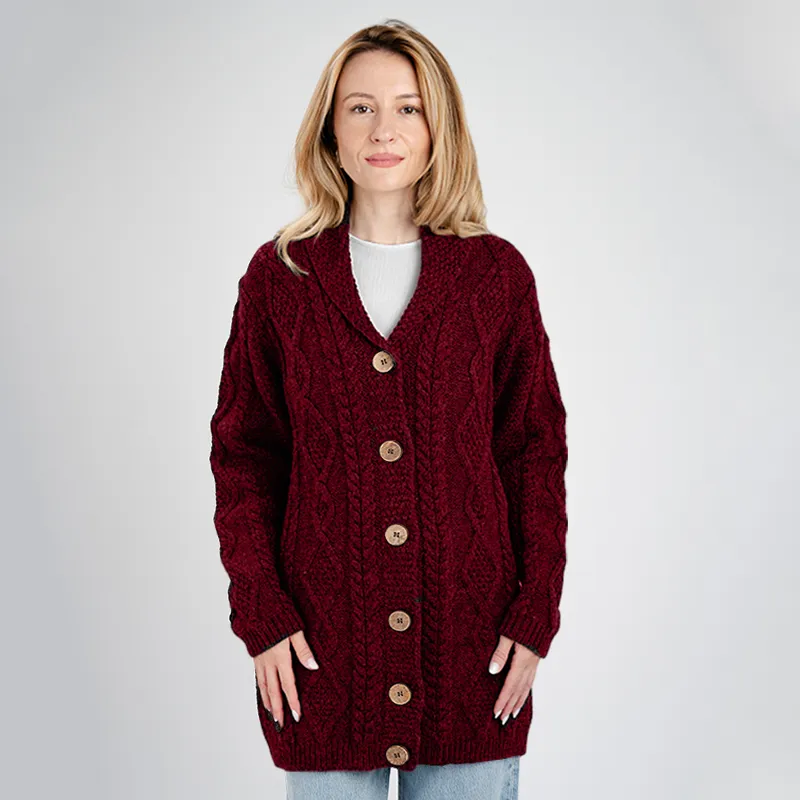 A20304 WINE Colour Women's Traditional Shawl Collar Aran Cardigan  Gaelsong