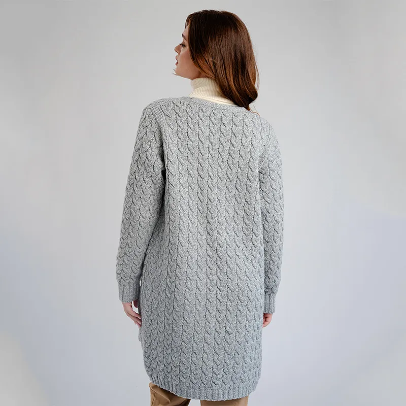 A20305 GREY Colour Merino Long Cable Knit Coat Studio Back Side View Gaelsong 