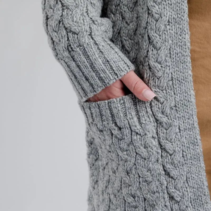A20305 GREY Colour Merino Long Cable Knit Coat Studio Closeup Pocket View Gaelsong 