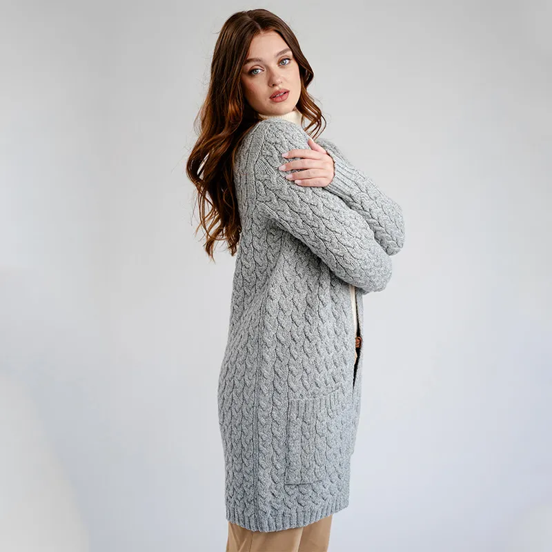 A20305 GREY Colour Merino Long Cable Knit Coat Studio Side View Gaelsong 
