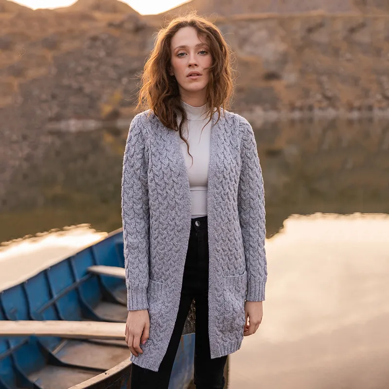 A20305 Merino Long Cable Knit Coat GREY Lifestyle Gaelsong 
