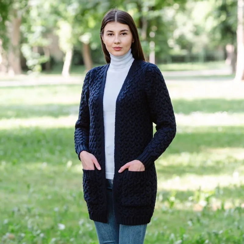 A20305 Merino Long Cable Knit Coat NAVY BLUE Lifestyle Back Side View Gaelsong 